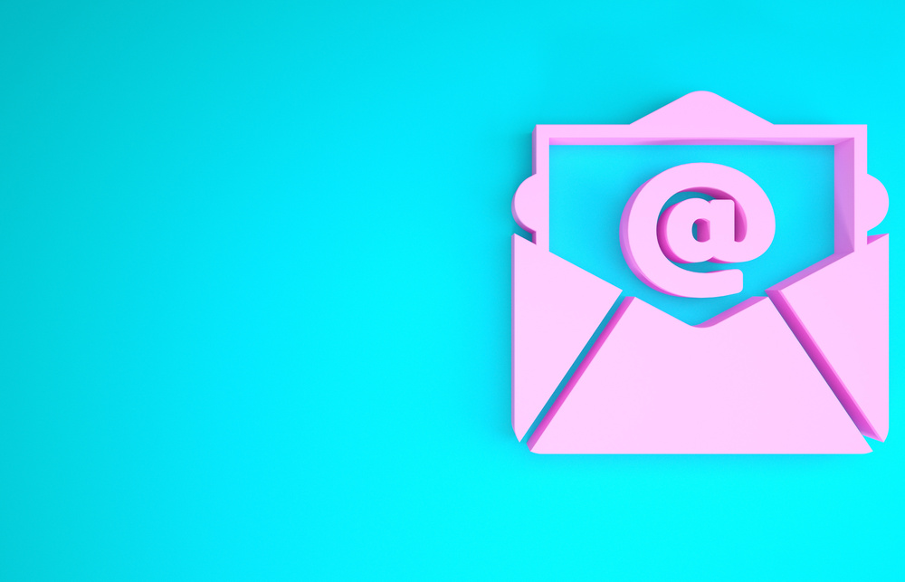 Pink Mail and E-Mail Icon Isolated on Blue Background. Envelope Symbol E-Mail. Email Message Sign. Minimalism Concept. 3D Illustration 3D Render